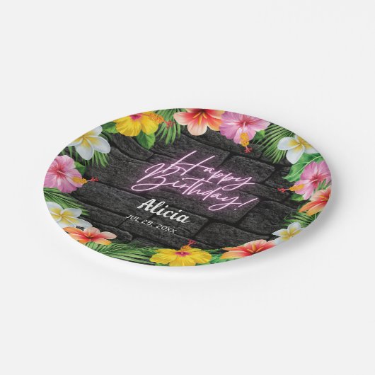 Neon Tropisch Bos Zomer Hawaii Gelukkige Verjaarda Papieren Bordje (Gekanteld)