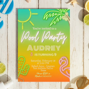 Neon Tropisch Zwembadfeestje Kaart