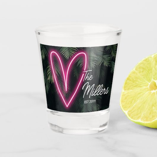 Neon tropische palm liefde bruiloft gunst shot glas (Voorkant)