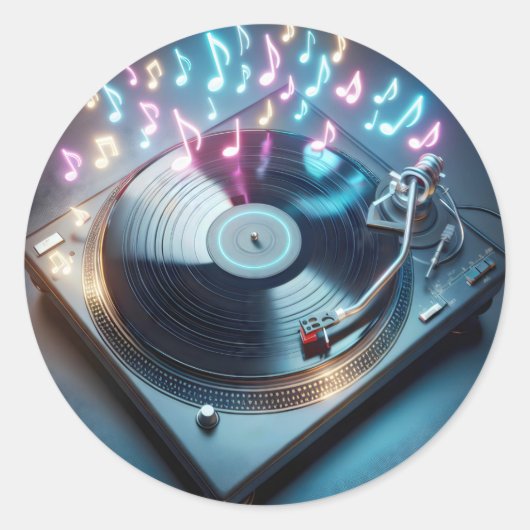 Neon Turntable With Vinyl Record Ronde Sticker (Voorkant)