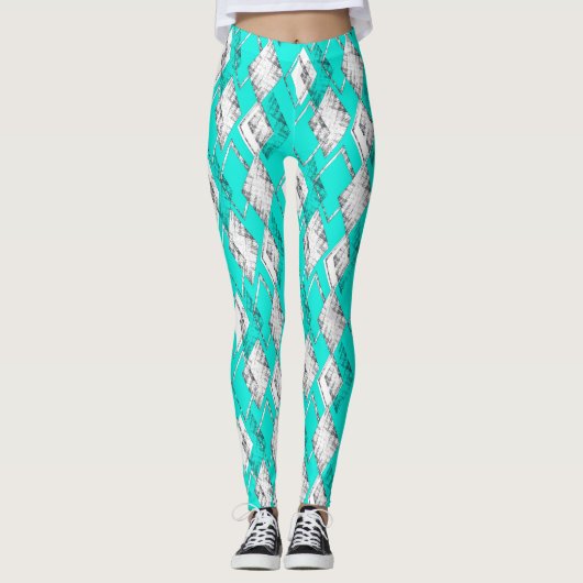 Neon turquoise geometrisch patroon. leggings (Voorkant)