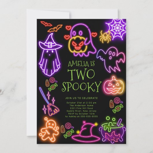 Neon Two Spooky verjaardagsfeestje uitnodiging (Voorkant)