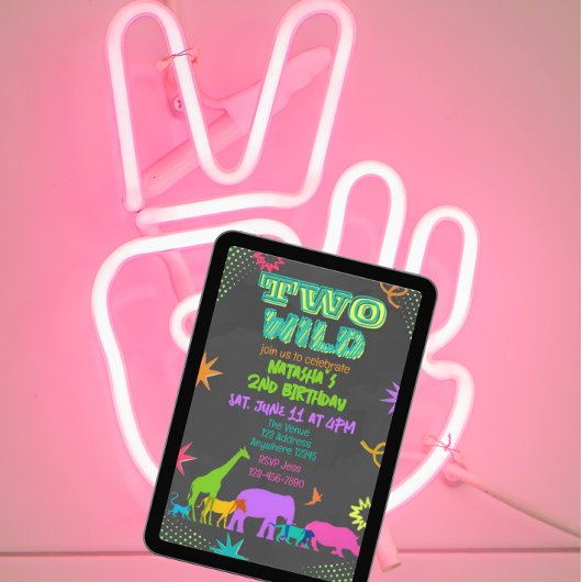 Neon Two Wild Animals 2nd Birthday Kaart
