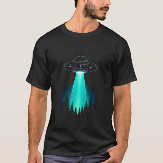 Neon UFO Abduction Over Pine Forest T-shirt (Voorkant)