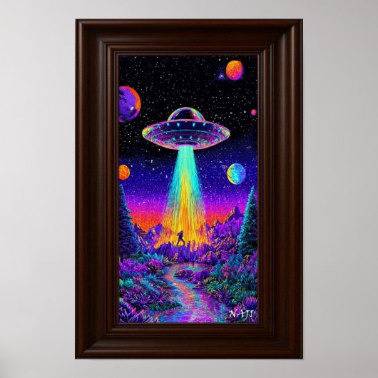 Neon UFO Abduction – Psychedelic Space Art Print (Voorkant)