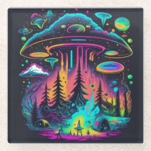 Neon UFO en Alien Scene Psychedelische Kunst Glazen Onderzetter