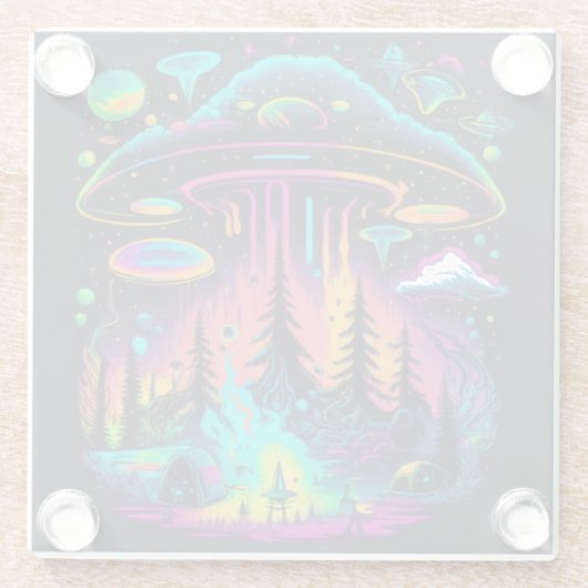 Neon UFO en Alien Scene Psychedelische Kunst Glazen Onderzetter (Achterkant)