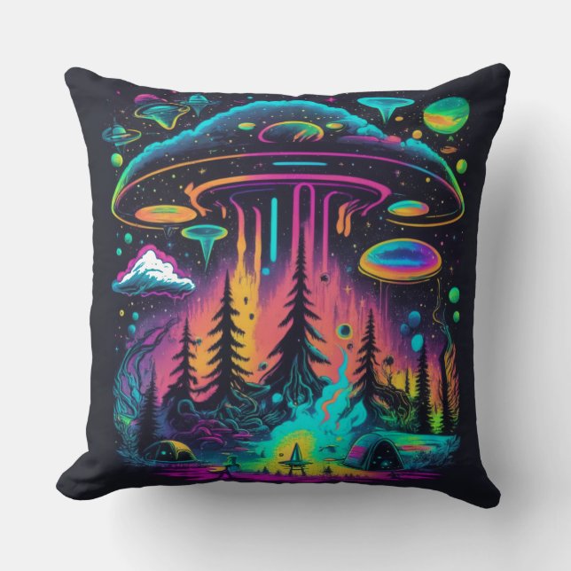 Neon UFO en Alien Scene psychedelische kunst Kussen (Voorkant)
