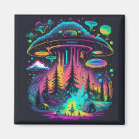 Neon UFO en Alien Scene Psychedelische Kunst