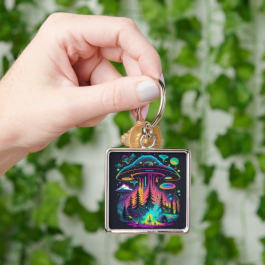 Neon UFO en Alien Scene Psychedelische Kunst Sleutelhanger (Hand)