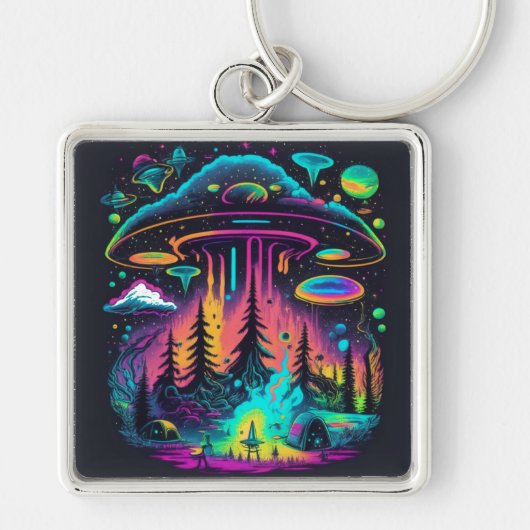 Neon UFO en Alien Scene Psychedelische Kunst Sleutelhanger (Voorkant)