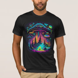 Neon UFO en Alien Scene Psychedelische Kunst T-shirt