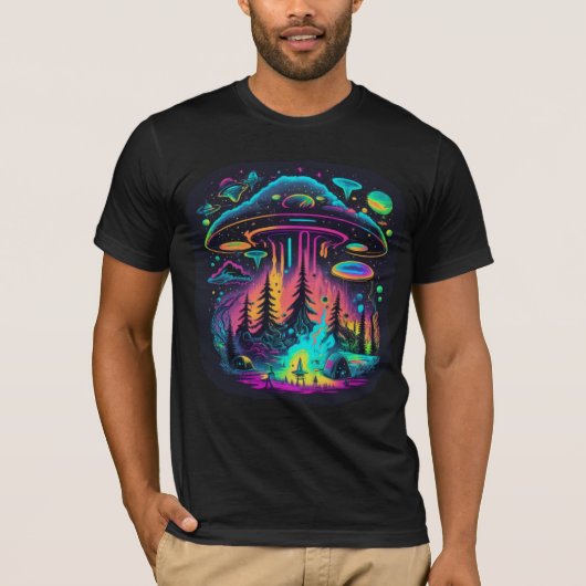 Neon UFO en Alien Scene Psychedelische Kunst T-shirt (Voorkant)