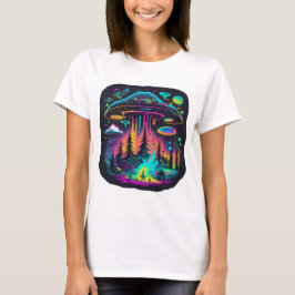 Neon UFO en Alien Scene Psychedelische Kunst T-shirt