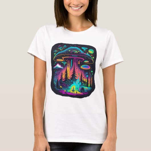 Neon UFO en Alien Scene Psychedelische Kunst T-shirt (Voorkant)