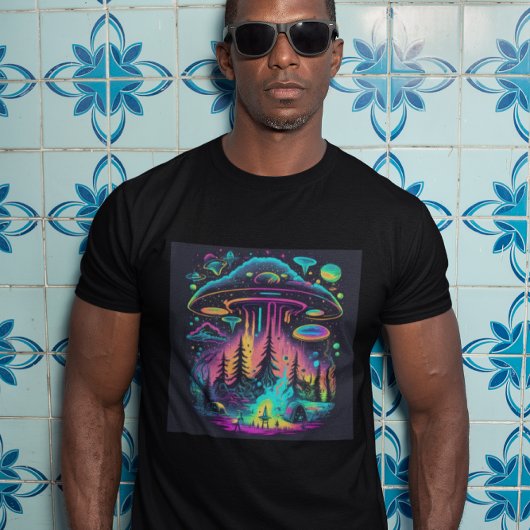 Neon UFO en Alien Scene Psychedelische Kunst T-shirt