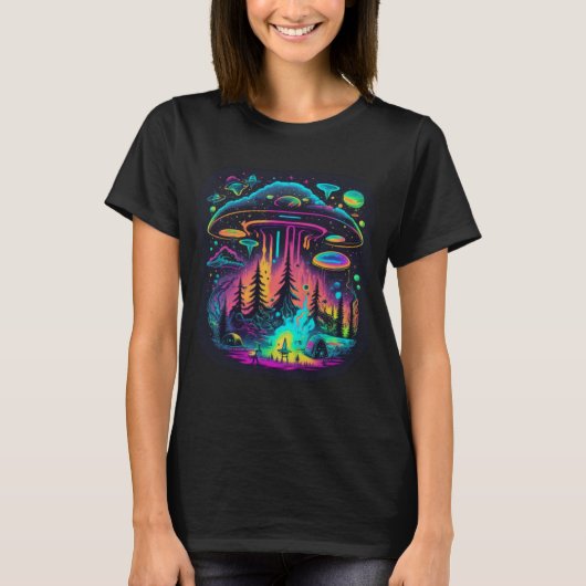 Neon UFO en Alien Scene Psychedelische Kunst T-shirt (Voorkant)
