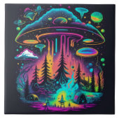 Neon UFO en Alien Scene Psychedelische Kunst Tegeltje (Voorkant)
