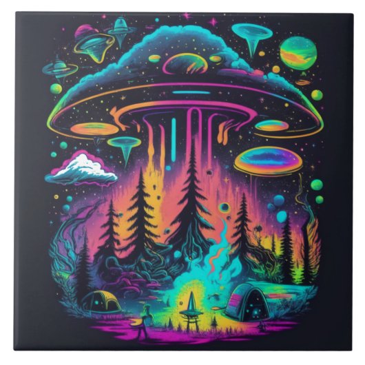 Neon UFO en Alien Scene Psychedelische Kunst Tegeltje (Voorkant)