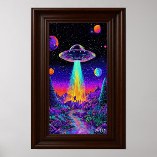 Neon UFO-ontvoering – Psychedelische ruimte kunstp Poster