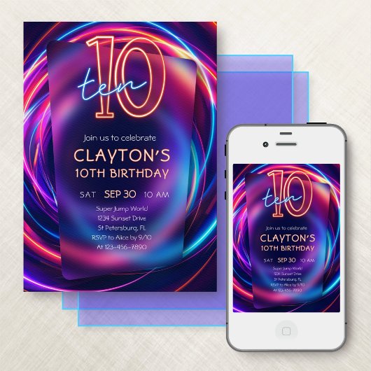 Neon uitnodiging voor 10e verjaardag