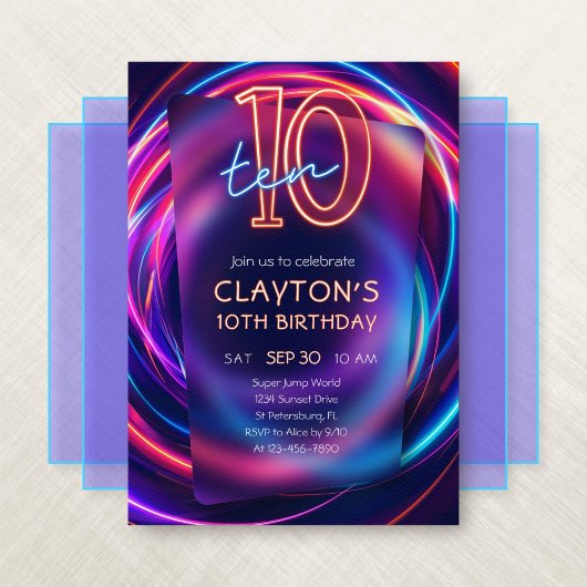 Neon uitnodiging voor 10e verjaardag