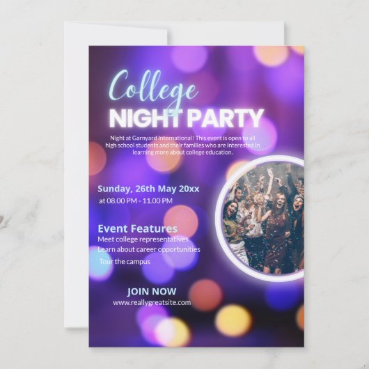 Neon uitnodiging voor feest op de universiteit, (Voorkant)