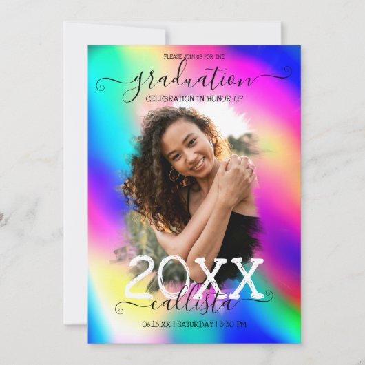 Neon Unicorn Holographic Photo Collage Afstuderen Kaart (Voorkant)