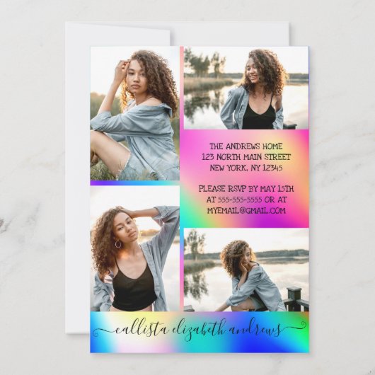 Neon Unicorn Holographic Photo Collage Afstuderen Kaart (Achterkant)