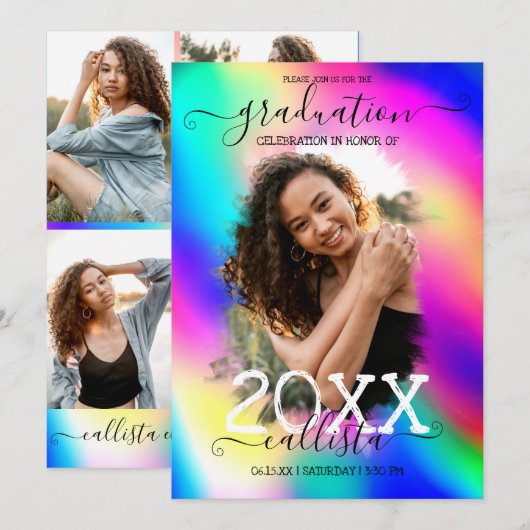 Neon Unicorn Holographic Photo Collage Afstuderen Kaart (Voorkant / Achterkant)