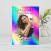 Neon Unicorn Holographic Photo Collage Quinceañera Kaart (Staand voorkant)