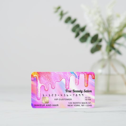 Neon Unicorn Holographic Thick Glitter Drip Credit Visitekaartje (Staand voorkant)