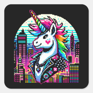Neon Urban Eenhoorn - Pixel Art Cityscape Vierkante Sticker