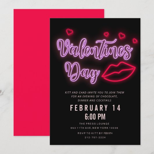 Neon Valentijnsdag Lippen Uitnodiging (Voorkant / Achterkant)