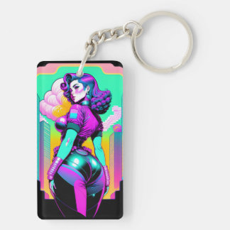Neon Vaporwave Pinup Girl Acryl Sleutelhanger