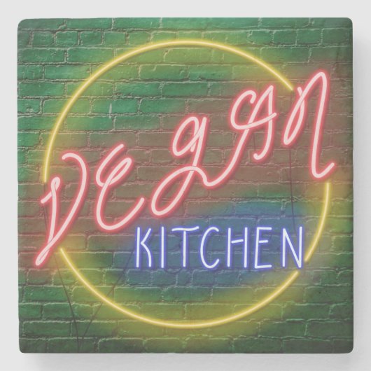 Neon Vegan Kitchen Sign Stenen Onderzetter (Voorkant)