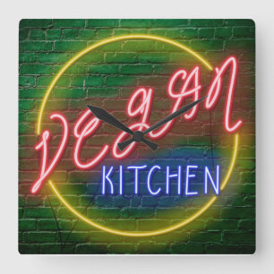Neon Vegan Kitchen Sign Vierkante Klok