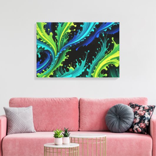 Neon verf spettert op zwart canvas afdruk (Insitu (Woonkamer))