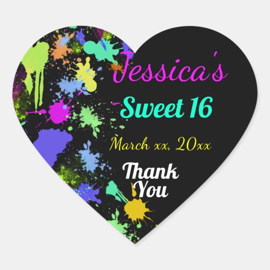 Neon, verfspatten, Sweet Sixteen, dank je Hart Sticker (Voorkant)