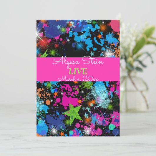 Neon, verfspatten, uitnodiging voor Bat Mitzvah (Staand voorkant)