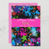 Neon, verfspatten, uitnodiging voor Bat Mitzvah (Voorkant / Achterkant)