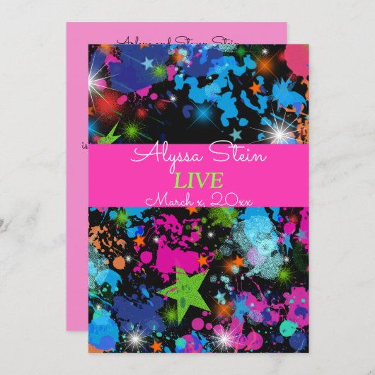 Neon, verfspatten, uitnodiging voor Bat Mitzvah (Voorkant / Achterkant)