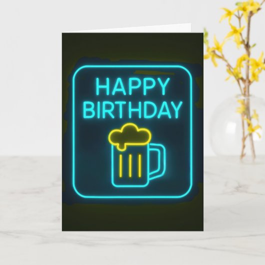Neon Verjaardag Bier Teken Kaart (Gele Bloem)
