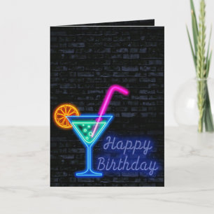 Neon Verjaardag Cocktail op baksteen Kaart