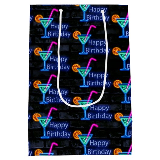 Neon Verjaardag Cocktail op baksteen Medium Cadeauzakje (Achterkant)
