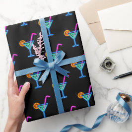 Neon Verjaardag Cocktail op zwart Cadeaupapier