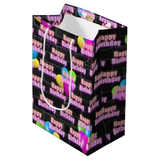 Neon Verjaardag en Ballonnen op Brick Medium Gift Medium Cadeauzakje (Voorkant Gekanteld)