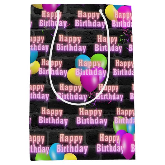 Neon Verjaardag en Ballonnen op Brick Medium Gift  Medium Cadeauzakje (Voorkant)