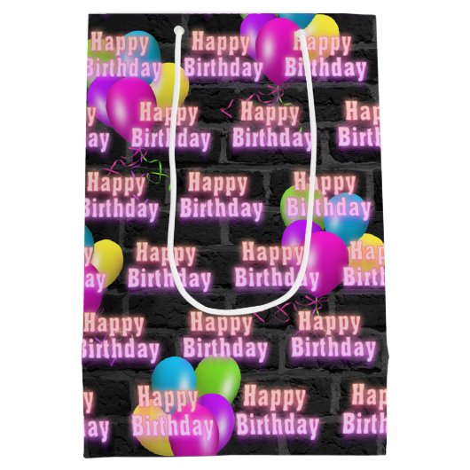 Neon Verjaardag en Ballonnen op Brick Medium Gift  Medium Cadeauzakje (Achterkant)