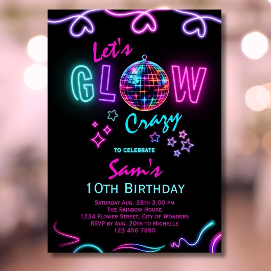 Neon Verjaardag Uitnodiging Meisjes Laten we Glow 